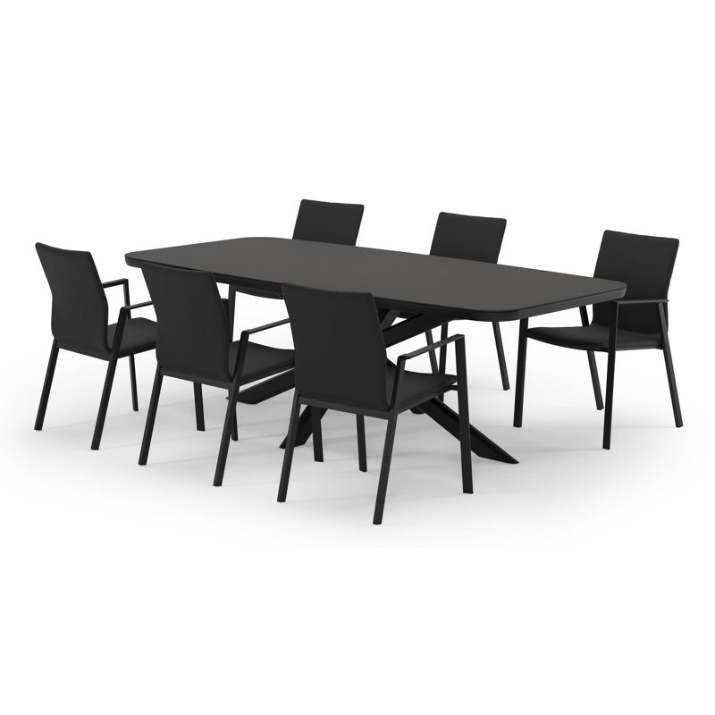 Pamplona bootvormige tuinset in zwart aluminium en sintered stone notte minerale met 6 Madura tuinstoelen