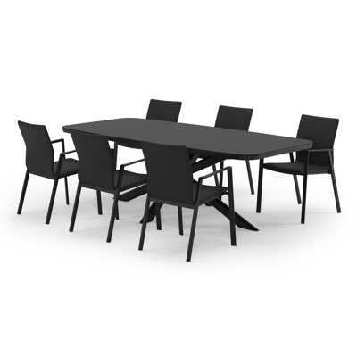 Pamplona bootvormige tuinset in zwart aluminium en sintered stone notte minerale met 6 Madura tuinstoelen