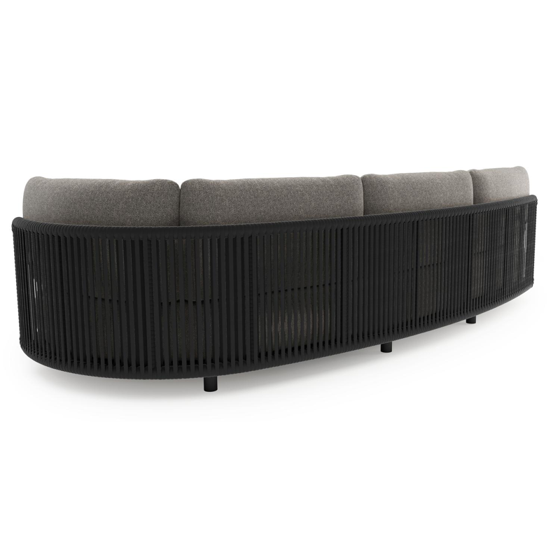 Lomano loungebank in zwart aluminium en zwart verticaal geweven luxe vlakke rope met chartres drizzle all weather sunbrella® luxe kussen