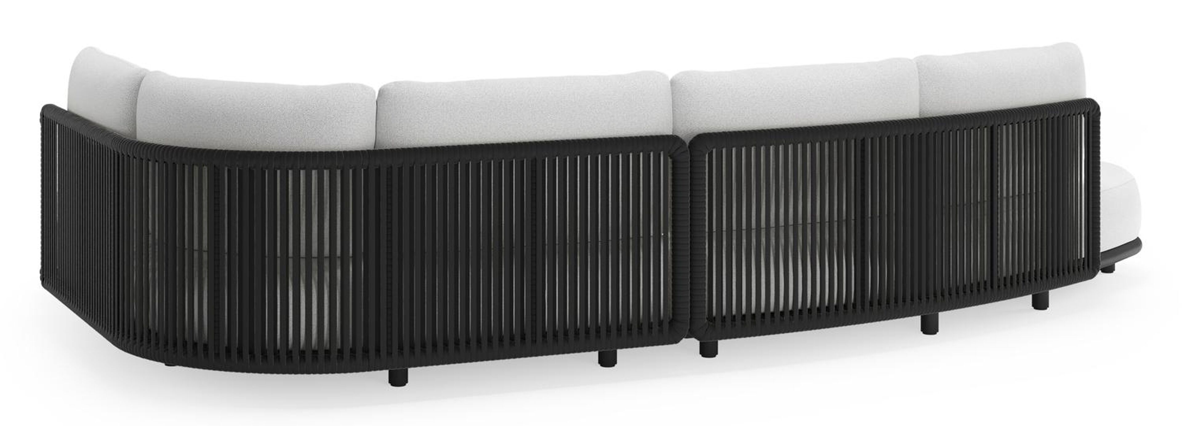 Lomano loungehoek in zwart aluminium en zwart verticaal geweven luxe vlakke rope met ego birch all weather solica kussen