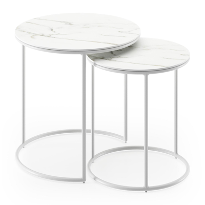 Set van 2 Fano loungetafels in wit aluminium met volkeramiek Calacatta - tafel 1: dia 50 x H 50, tafel 2: dia 40 x H 45 cm