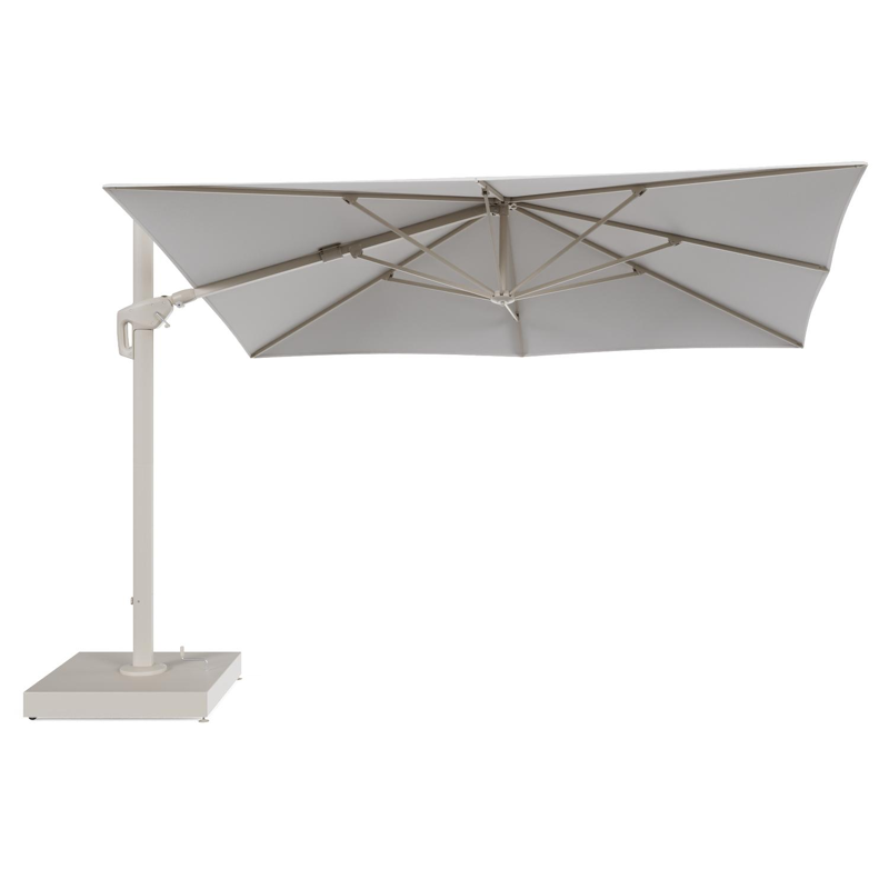 Parasol pendant Minore avec fonction tilt en aluminium beige et toile de parasol All Weather Solica Soul Optik - Lg.1 280 Lg.2 370 cm avec pied de parasol Minore 260 kg avec roulettes