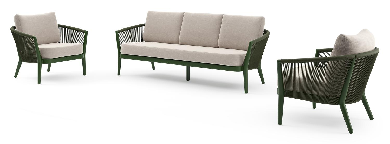 Orso loungeset in groen aluminium en groen verticaal geweven ronde rope met Slow Farafra all weather sunbrella® luxe kussen