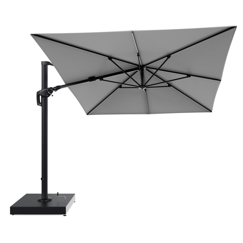 Minore zweefparasol met tiltfunctie in zwart aluminium en Savane Nimbus All Weather Sunbrella® Luxe parasoldoek - L1 400 x L2 300 cm met parasolvoet Minore 260 kg met wielen