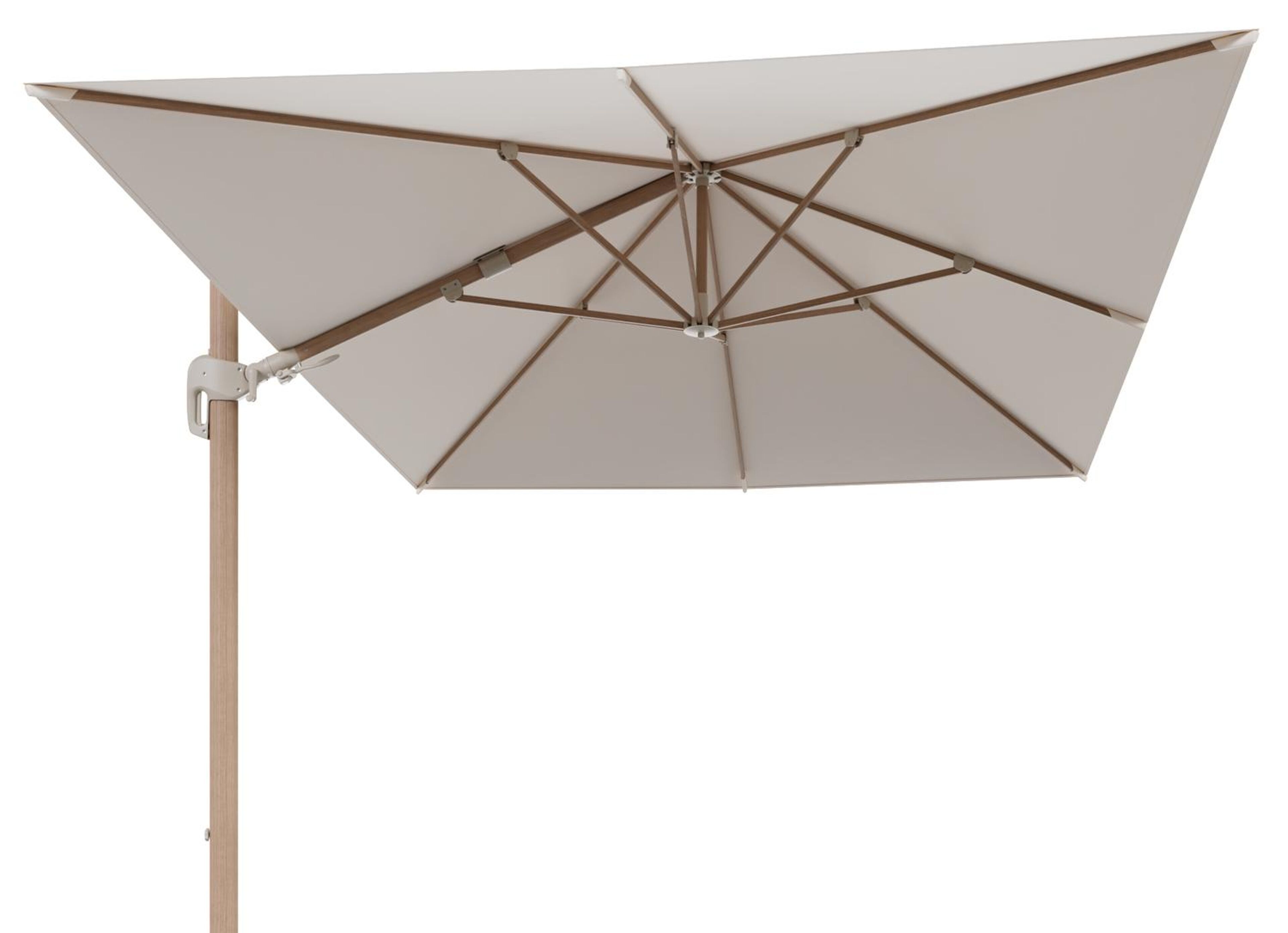 Rufina zweefparasol tiltfunctie in houtlook aluminium en parasoldoek in All Weather Sunbrella® Luxe Natte Linen Chalk  - L1 400 x L2 300 cm (zonder voet) (zonder voet)