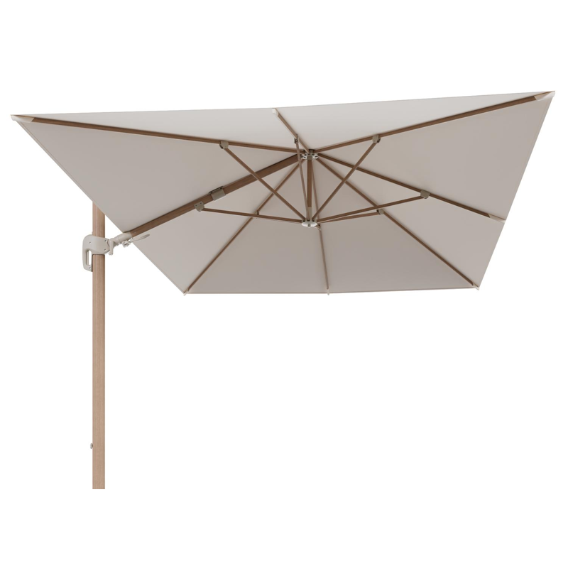 Rufina zweefparasol tiltfunctie in houtlook aluminium en parasoldoek in All Weather Sunbrella® Luxe Natte Linen Chalk - L1 400 x L2 300 cm (zonder voet) (zonder voet)