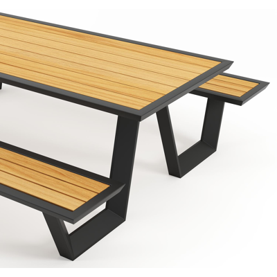 Sevilla picknicktafel in zwart aluminium en teak tafelblad - L 240 x B 175,5 x H 71 cm
