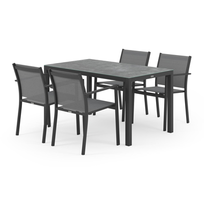 Feltro tuinset in zwart aluminium en grijs keramisch glas tafelblad met 4 stapelbare Bareto tuinstoelen