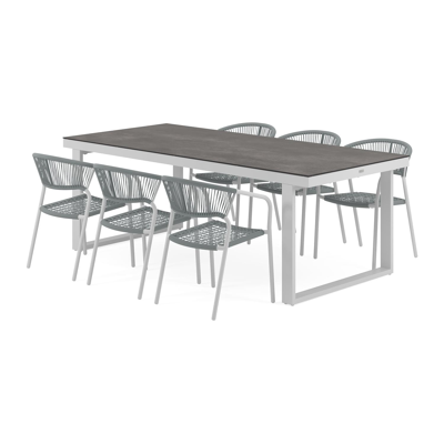Merida tuinset in wit aluminium en grijs keramische print tafelblad met 6 stapelbare Vigo tuinstoelen