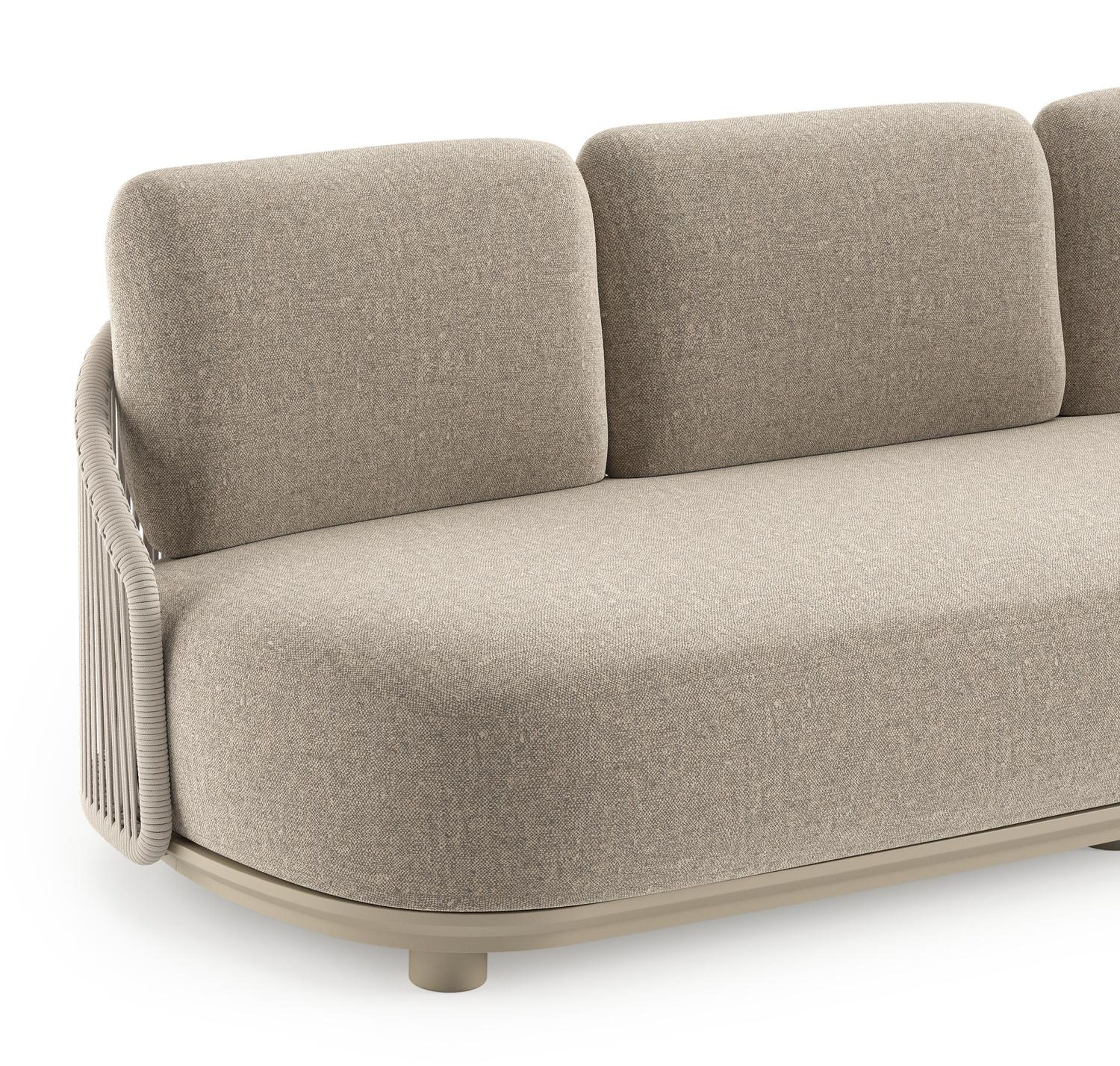 Canapé de jardin Vadelo en aluminium beige et corde ronde tissée verticalement beige et coussins en all weather sunbrella® luxe chartres pewter