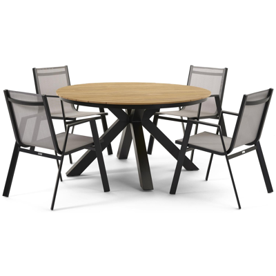 Tora tuinset in zwart aluminium en naturel polywood tafelblad met 4 stapelbare Oviedo tuinstoelen