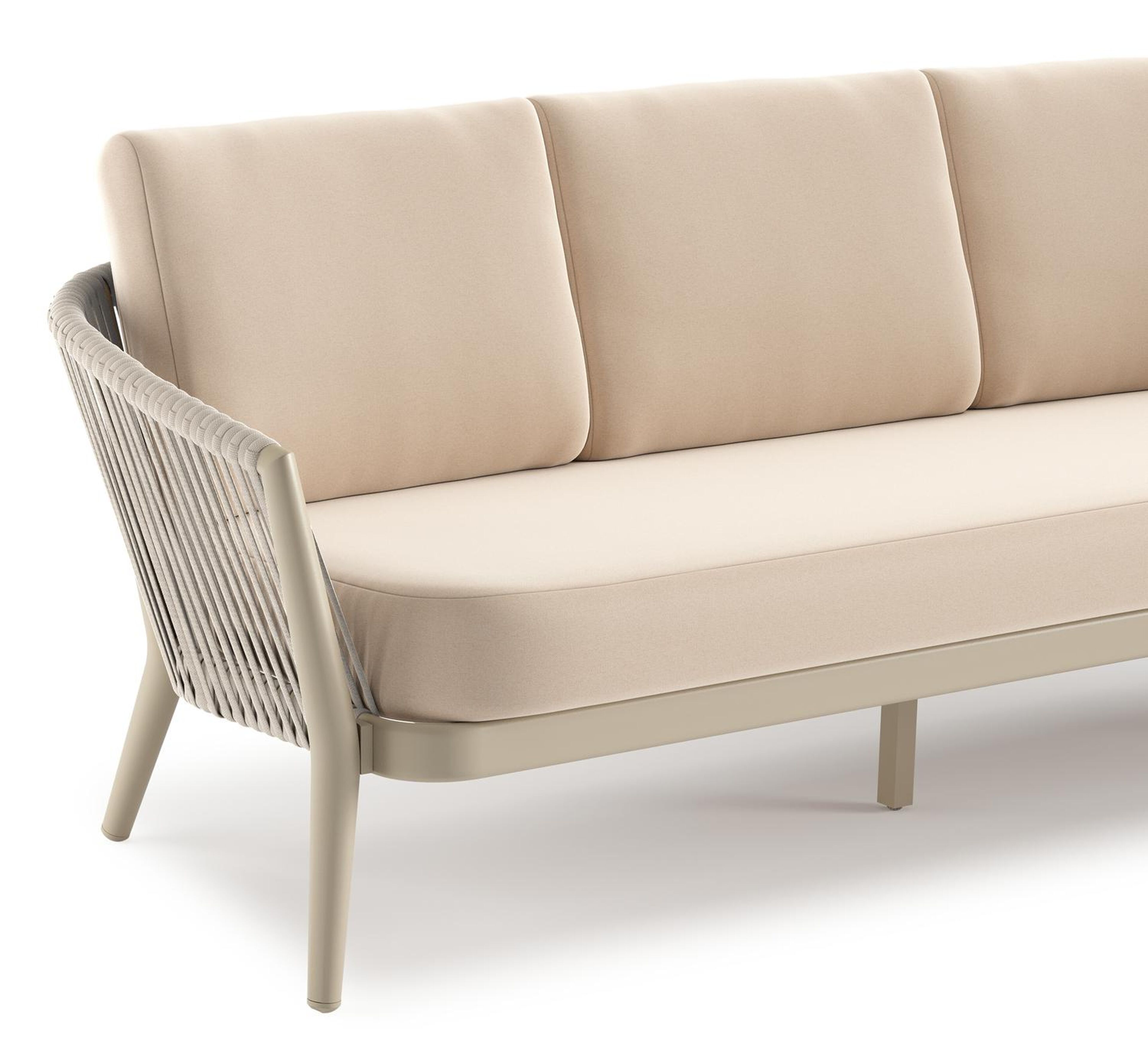 Orso loungeset in beige aluminium en beige verticaal geweven luxe vlakke rope met Natte Linen Chalk all weather sunbrella® luxe kussen