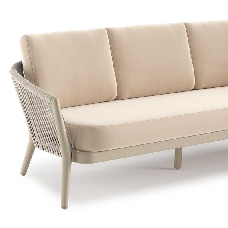 Orso loungeset in beige aluminium en beige verticaal geweven ronde rope met Natte Linen Chalk all weather sunbrella® luxe kussen