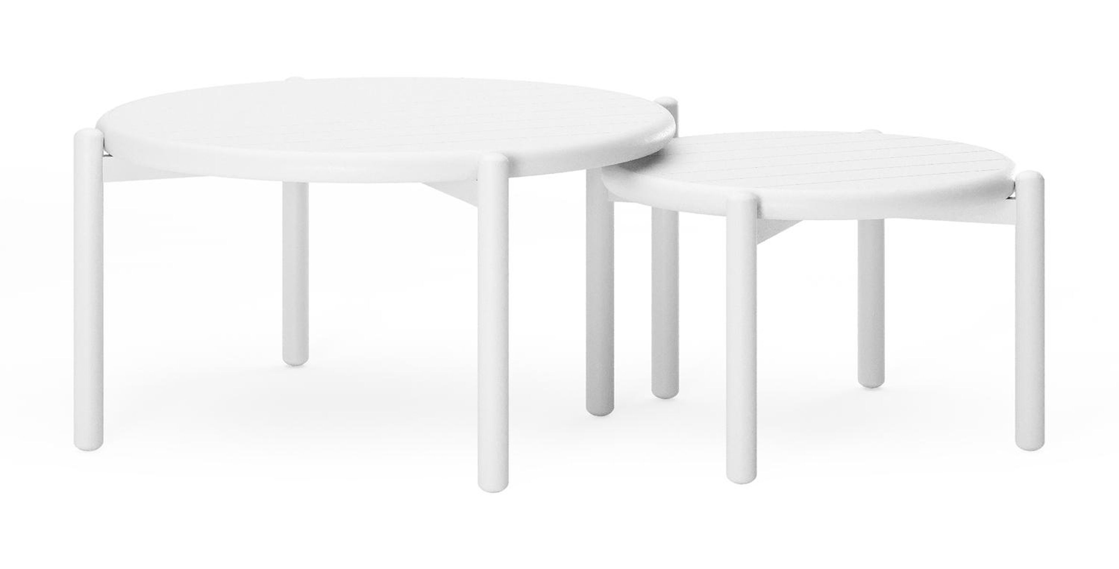Tables basses Pulo en blanc aluminium - Diam. 70 - 50 x Haut. 37.5 - Table 1 : Dia. 70 x Haut. 38 cm / Table 2 : Dia. 50 x Haut. 33 cm