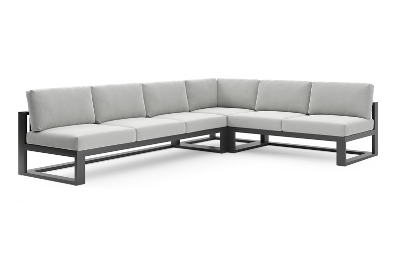 Verato loungehoek in zwart aluminium met natte grey chine all weather sunbrella® luxe kussen