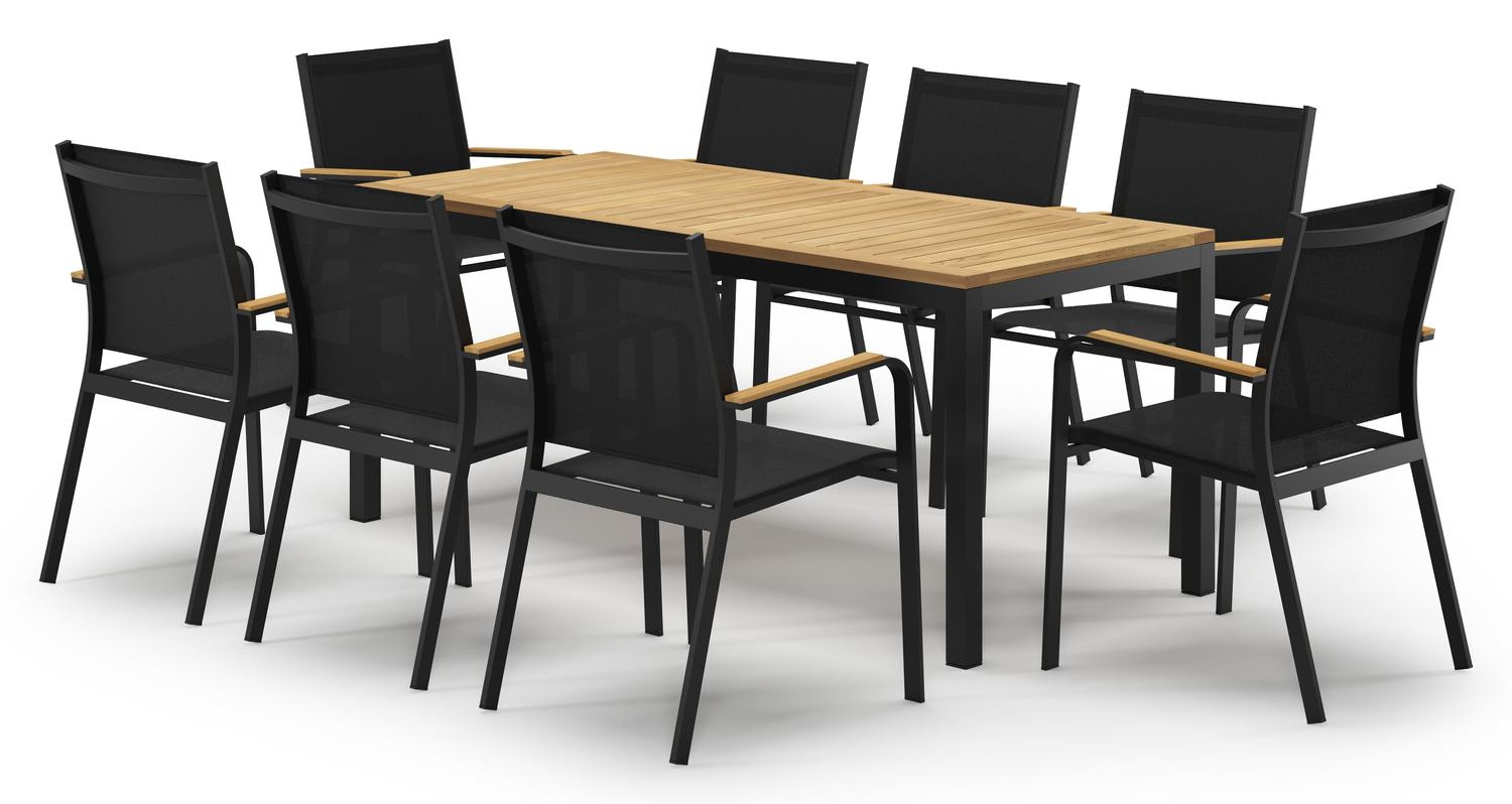 Ensemble de jardin Feltro en aluminium noir et teck avec 8 chaises de jardin empilable Amalfi