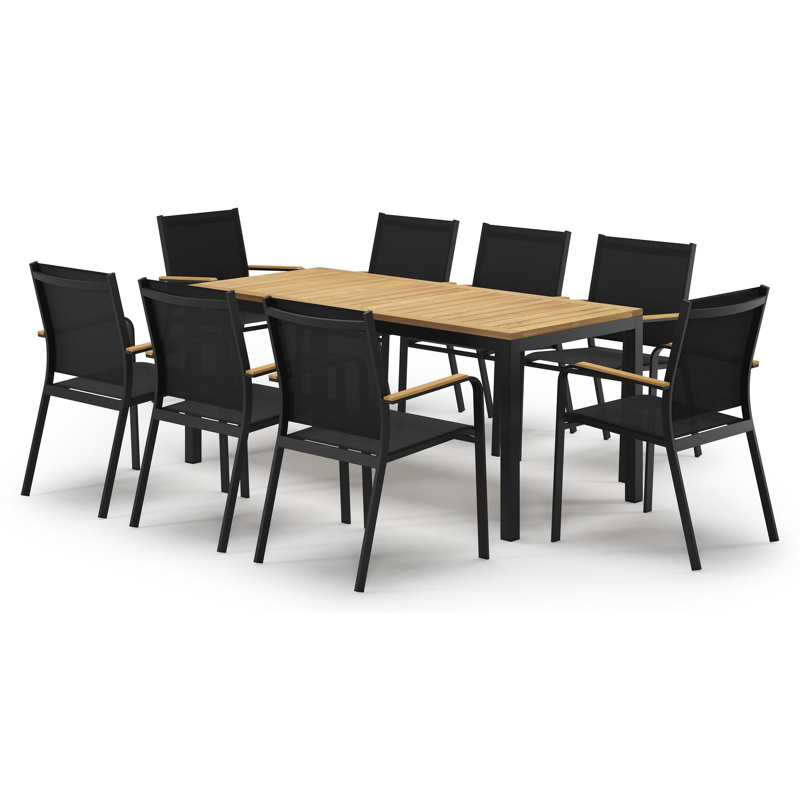 Ensemble de jardin Feltro en aluminium noir et teck avec 8 chaises de jardin empilable Amalfi