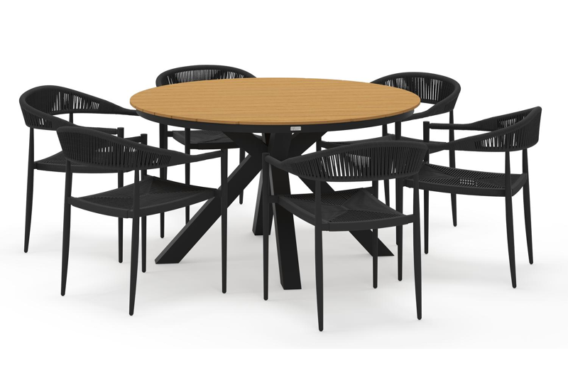 Tora tuinset rond in zwart aluminium en polywood met 6 Guarda tuinstoelen