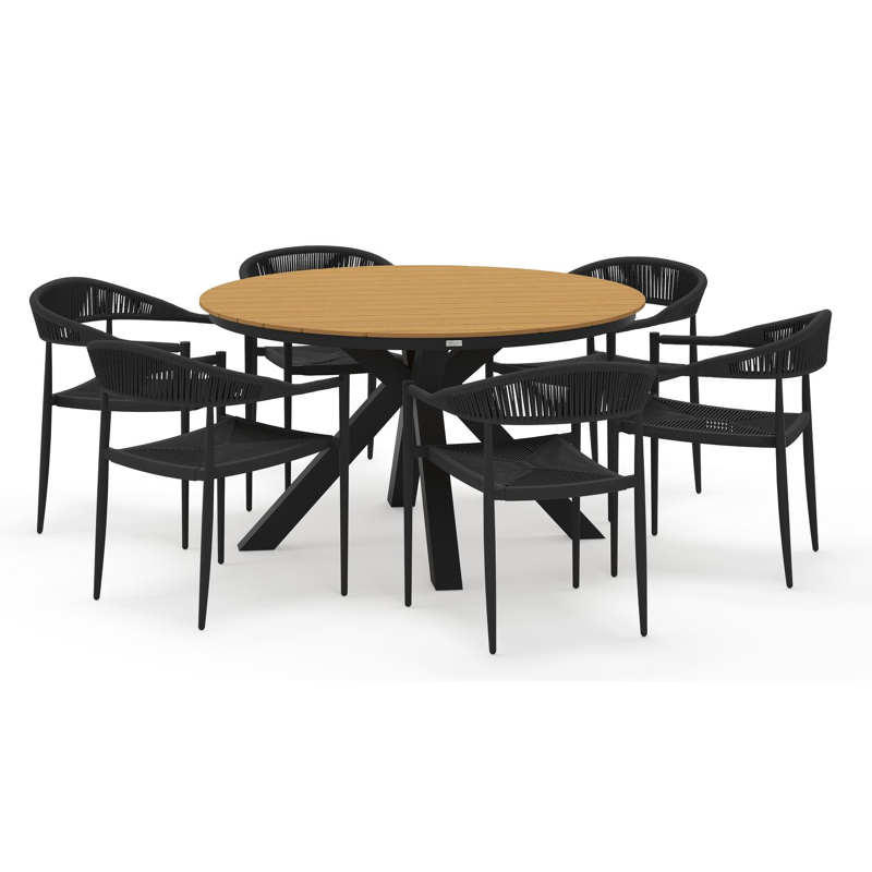 Tora tuinset rond in zwart aluminium en polywood met 6 Guarda tuinstoelen