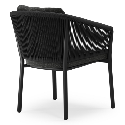 Gerona tuinstoel in zwart aluminium en zwart verticaal geweven ronde rope met kussen in Sky Black Weather+ Softtouch 