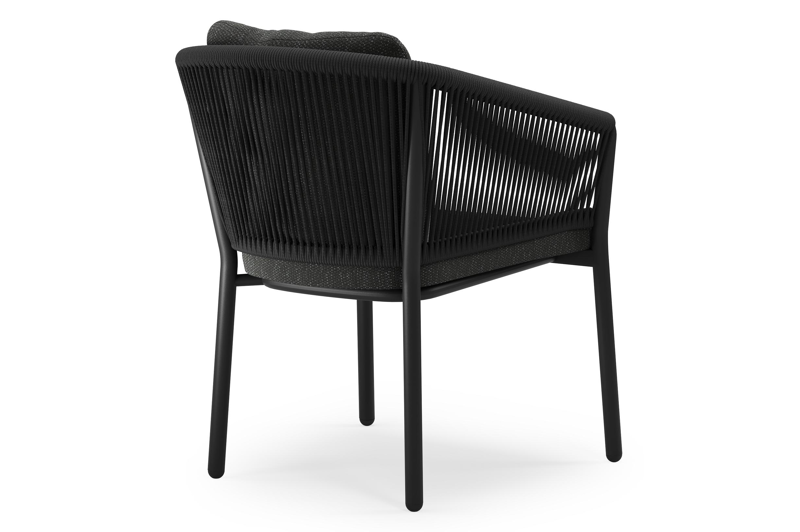 Gerona tuinstoel in zwart aluminium en zwart verticaal geweven ronde rope met kussen in Sky Black Weather+ Softtouch 