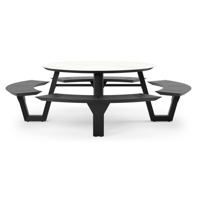 Rondino picknicktafel rond in zwart aluminium en volkeramiek Calacatta - Dia. 236 x H 71.5 cm