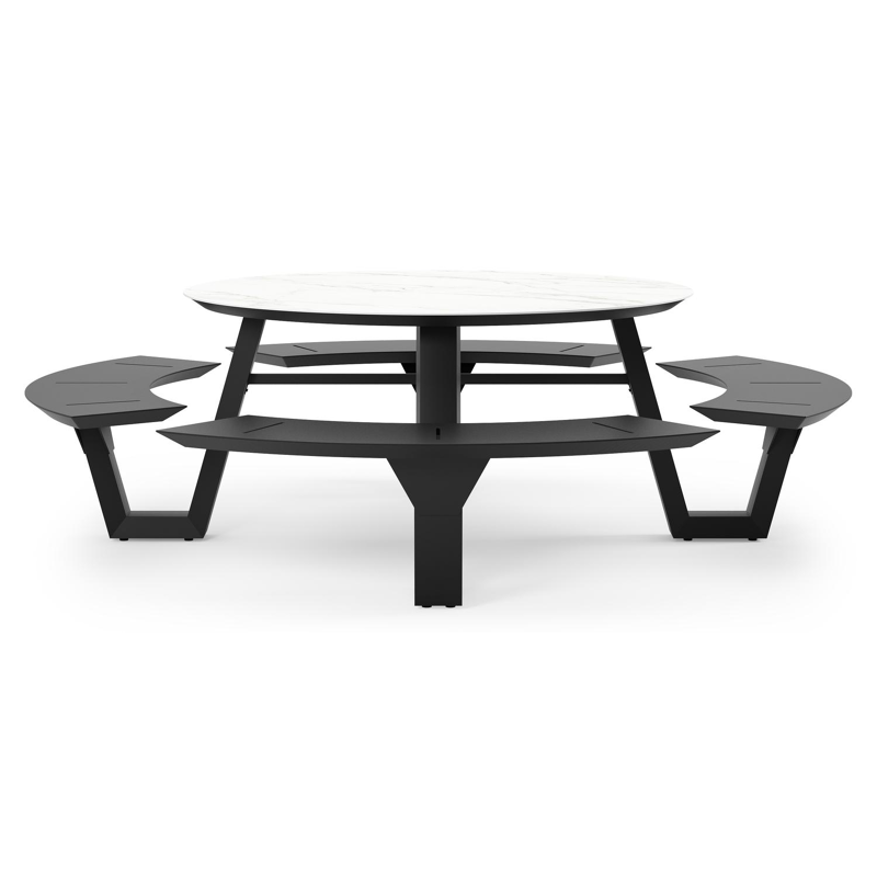 Rondino picknicktafel rond in zwart aluminium en volkeramiek Calacatta - Dia. 236 x H 71.5 cm