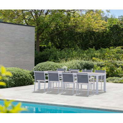 Varese tuinset in wit aluminium en grijs volkeramiek tafelblad met 8 stapelbare Bareto tuinstoelen