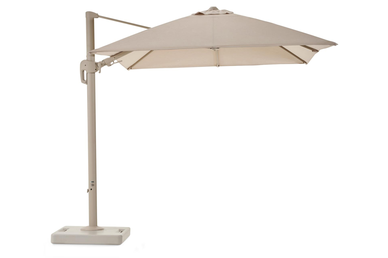 Rufina zweefparasol met tiltfunctie in beige aluminium en beige Sunbrella® Premium parasoldoek - L1 250 x L2 350 cm met Lapido XL parasolvoet 160 kg