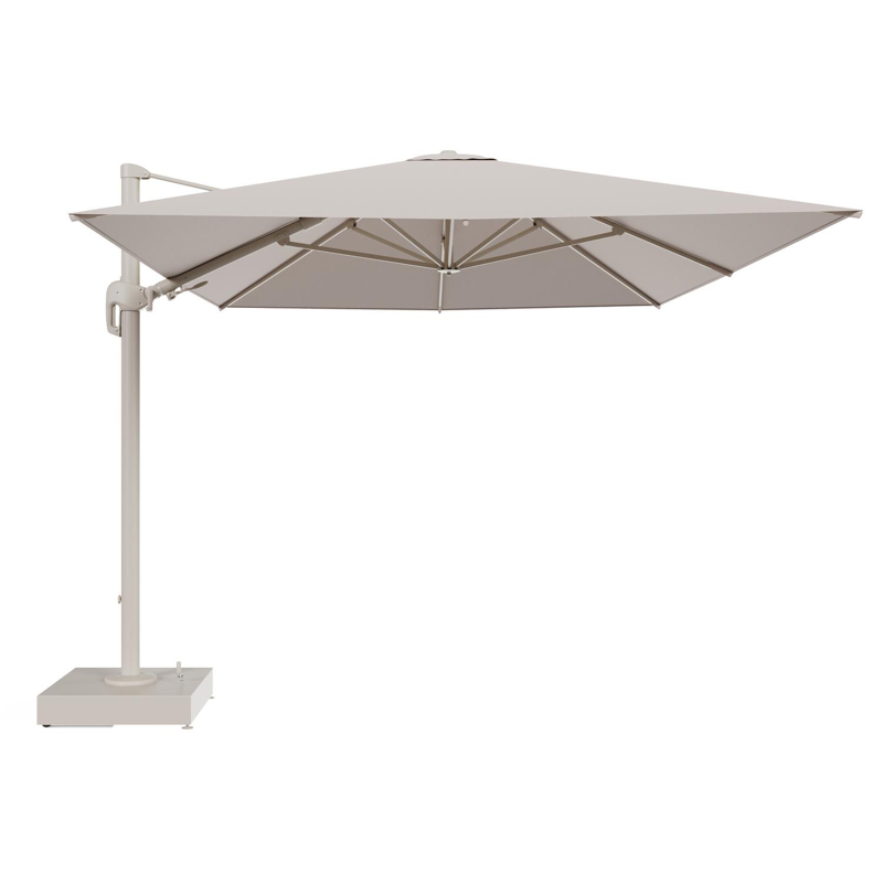 Rufina zweefparasol met tiltfunctie in beige aluminium en Wander Pilat All Weather Sunbrella® Luxe parasoldoek - L1 400 x L2 300 cm met parasolvoet Minore 150 kg met wielen