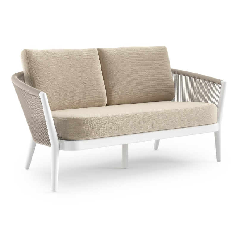 Orso loungebank in wit aluminium en beige verticaal geweven ronde rope met Althea Chalk all weather cosytica kussen