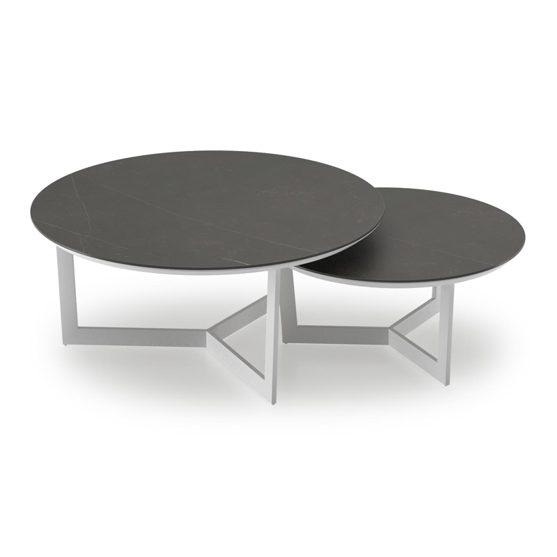 Lacrima set van 2 loungetafels rond in wit aluminium en volkeramiek Calatorao - Dia. 85/65 x H 35/30 cm