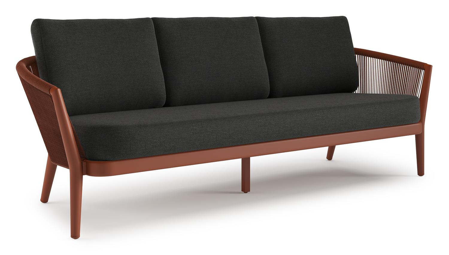 Canapé de jardin Orso en aluminium brun rouille en corde ronde tissée verticalement brun rouille et coussins en all weather sunbrella® luxe Chartres Sooty