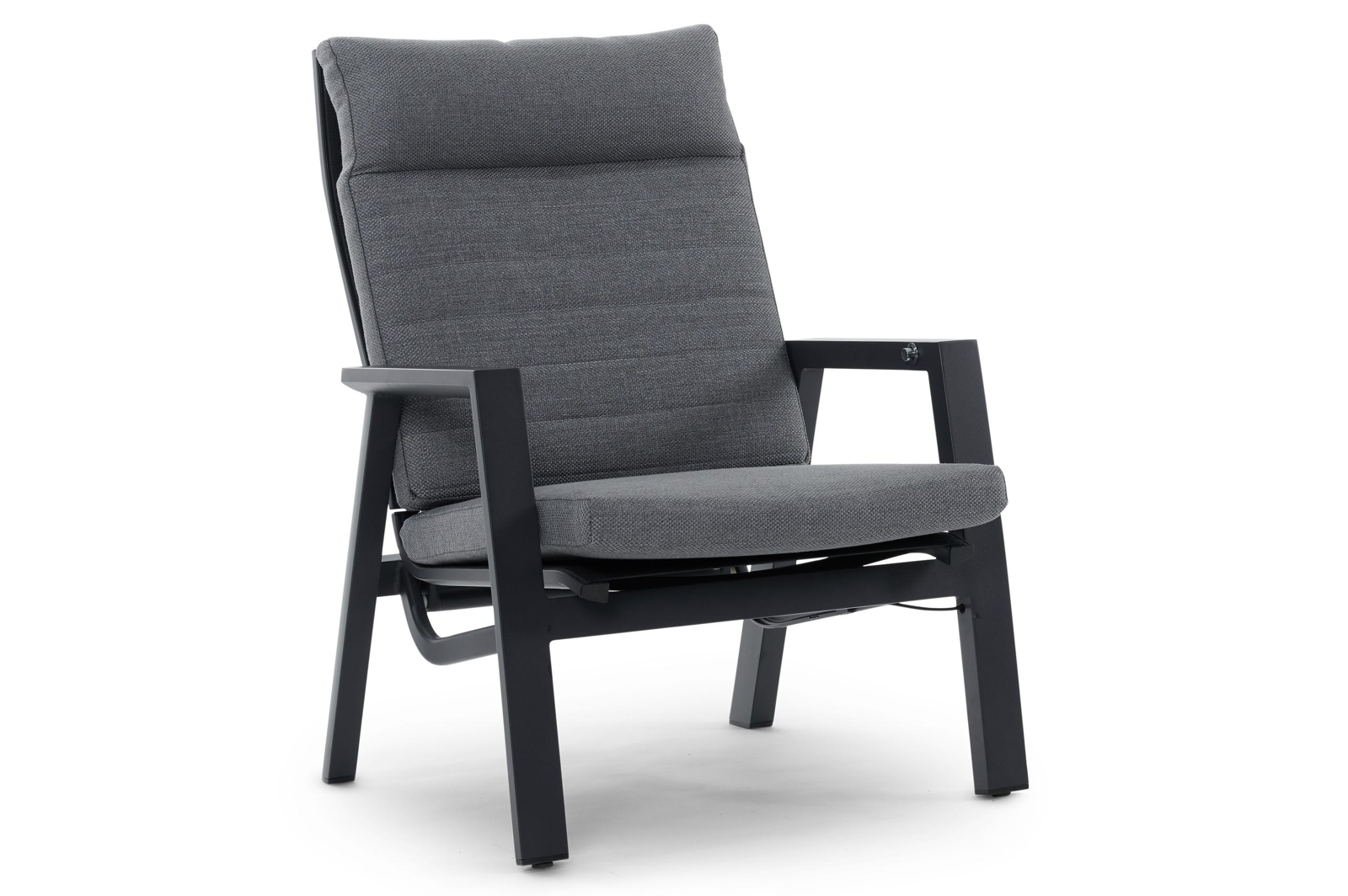 Fauteuil de jardin Prato 1-pl en aluminium noir avec coussin en weather+ textilène gris