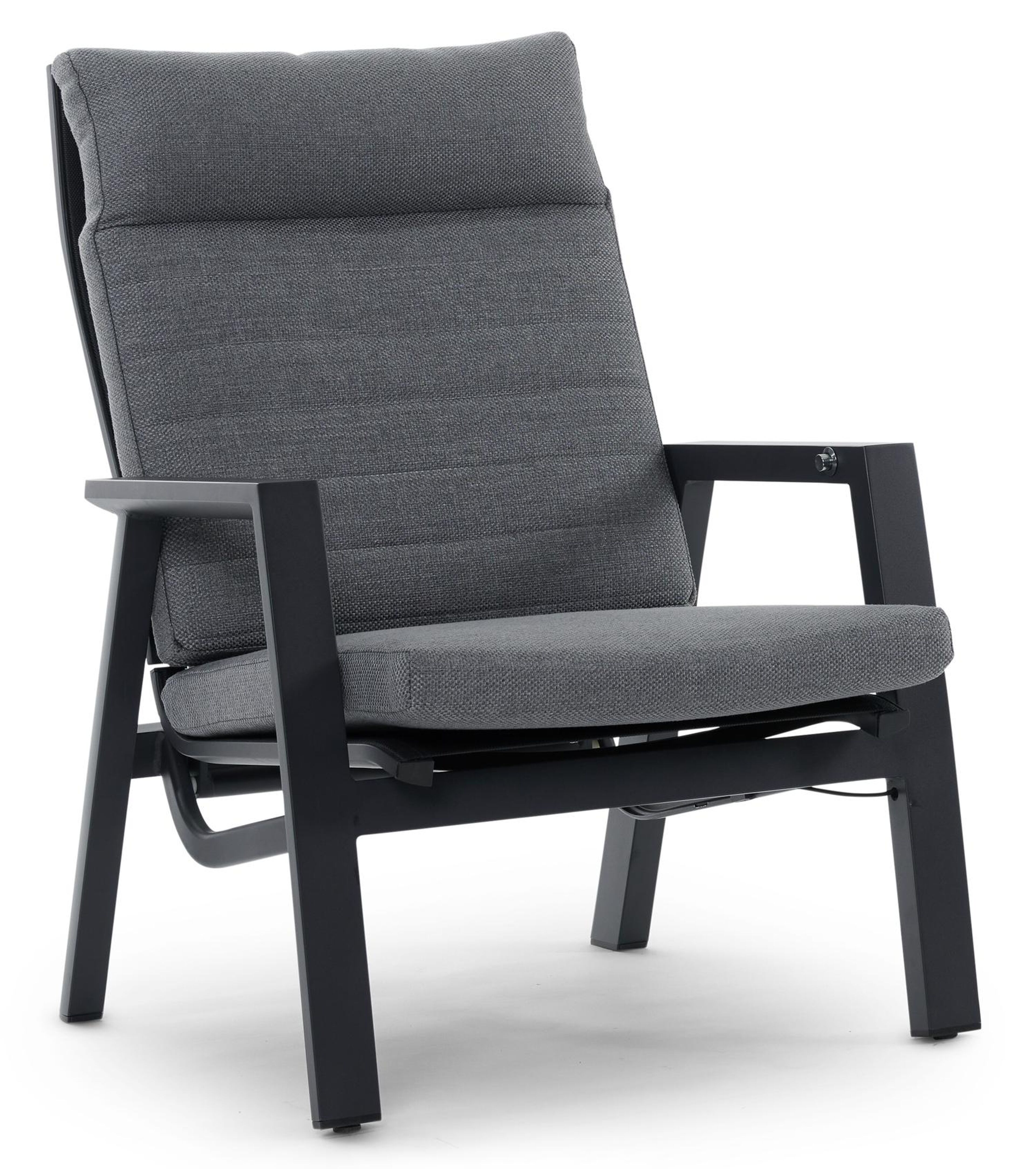 Fauteuil de jardin Prato 1-pl en aluminium noir avec coussin en weather+ textilène gris