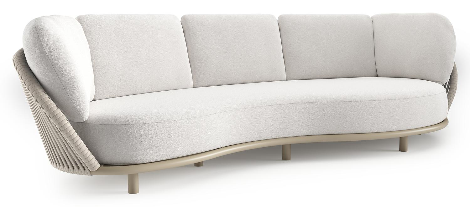 Lupino loungebank in beige aluminium en beige verticaal geweven luxe vlakke brede rope met soul optik all weather solica kussen