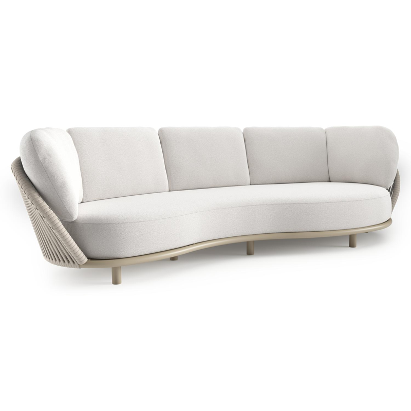 Lupino loungebank in beige aluminium en beige verticaal geweven luxe vlakke brede rope met soul optik all weather solica kussen