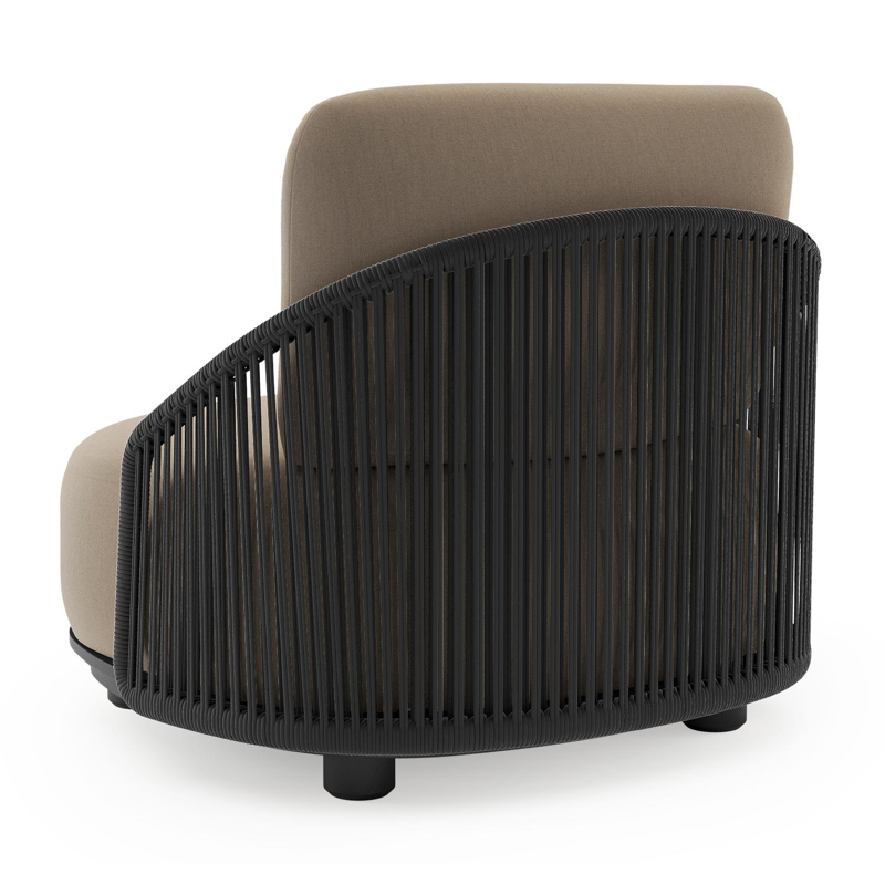 Fauteuil de jardin Vadelo en aluminium noir et corde ronde tissée verticalement noir et coussins en all weather sunbrella® luxe natte heather grey