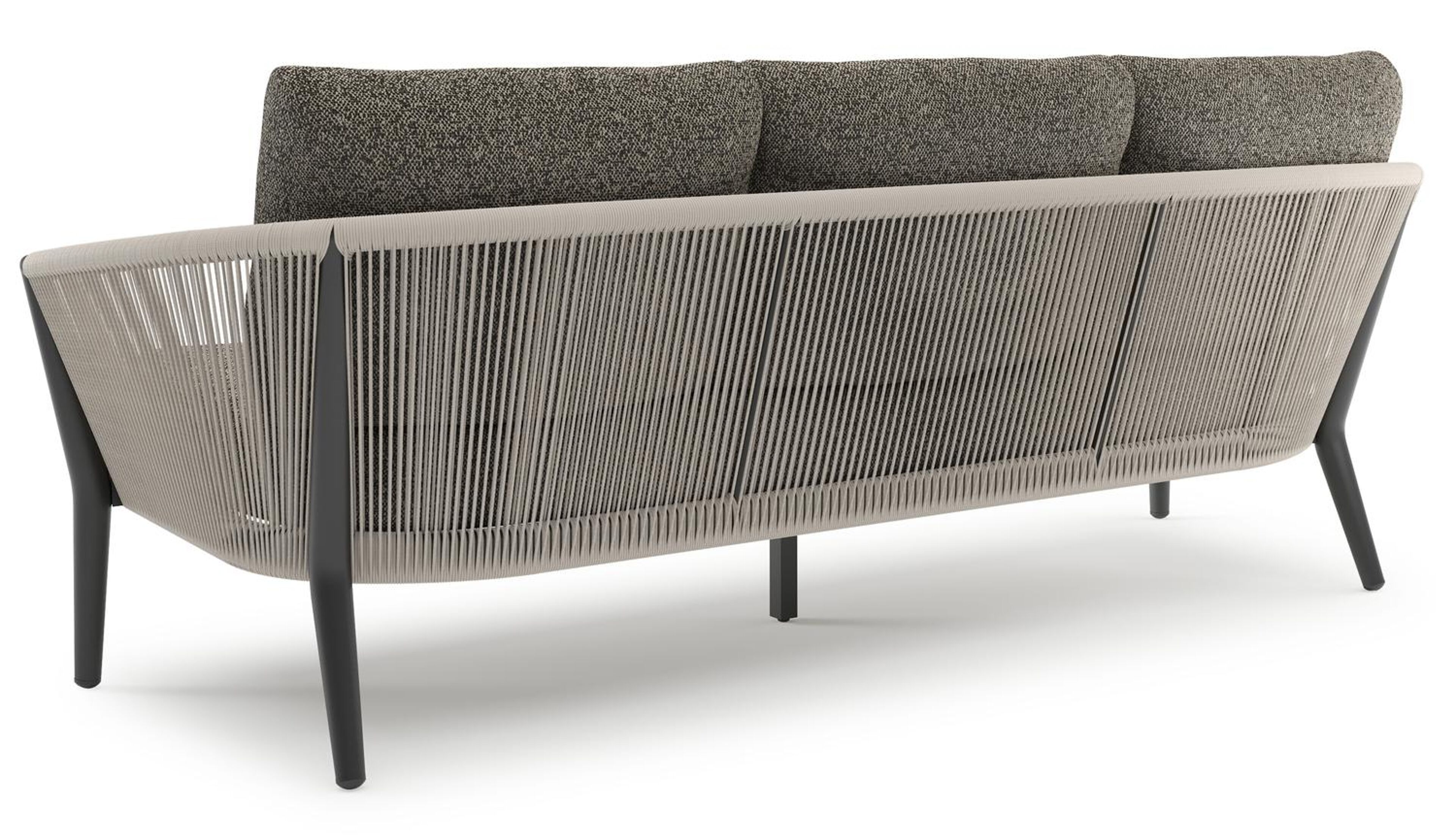 Orso loungebank in zwart aluminium en beige verticaal geweven ronde rope met Marbella Tunder all weather cosytica kussen