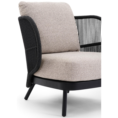 Lugano loungestoel 1-zit in zwart aluminium en zwart gedraaide ronde wicker met catania beige All Weather Cosytica kussen