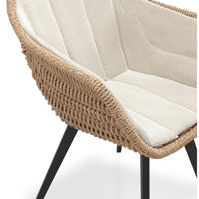 Pagino tuinstoel in zwart aluminium en naturel ronde wicker met zitkussen in All Weather Sunbrella® Luxe Lopi Marble