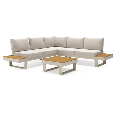 Alora loungehoek in beige aluminium en polywood met beige Weather+ Softtouch kussen en loungetafel