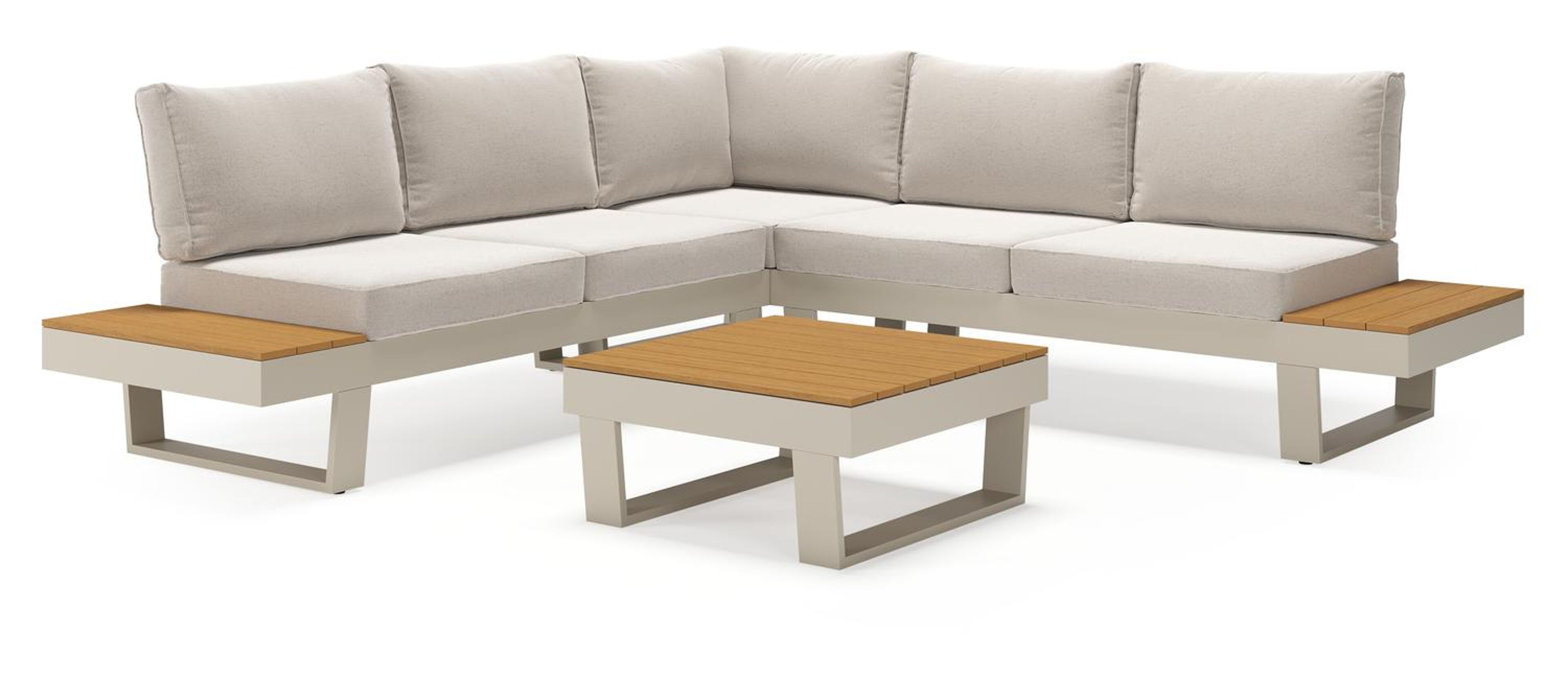 Alora loungehoek in beige aluminium en polywood met beige Weather+ Softtouch kussen en loungetafel