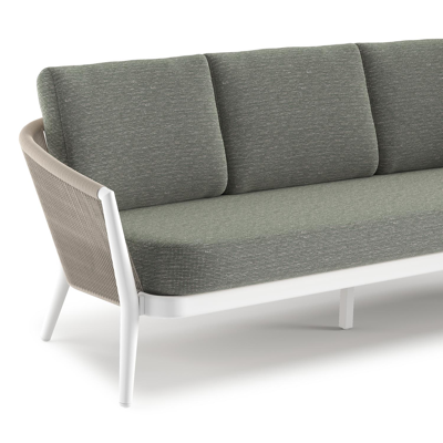 Canapé de jardin Orso en aluminium blanc en corde ronde tissée verticalement beige et coussins en all weather sunbrella® luxe Slow Fern