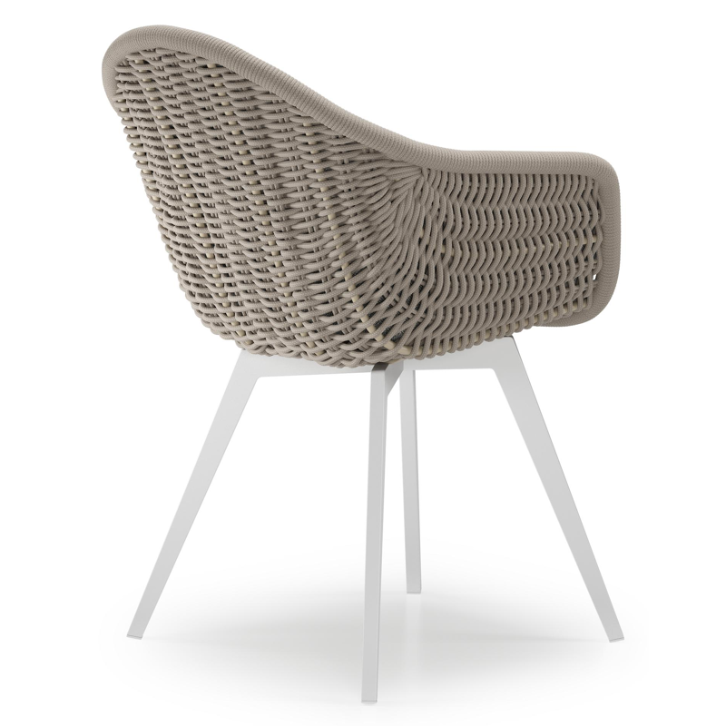Pagino tuinstoel in wit aluminium en beige verticaal geweven ronde rope met zitkussen in All Weather Sunbrella® Luxe Savane Zinc
