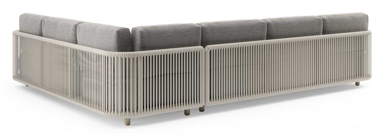 Organo loungehoek in beige aluminium en beige verticaal geweven luxe vlakke rope met chartres drizzle all weather Sunbrella® luxe kussen