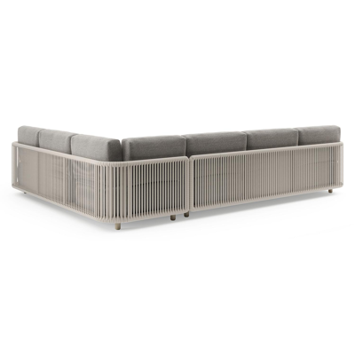 Organo loungehoek in beige aluminium en beige verticaal geweven luxe vlakke rope met chartres drizzle all weather Sunbrella® luxe kussen