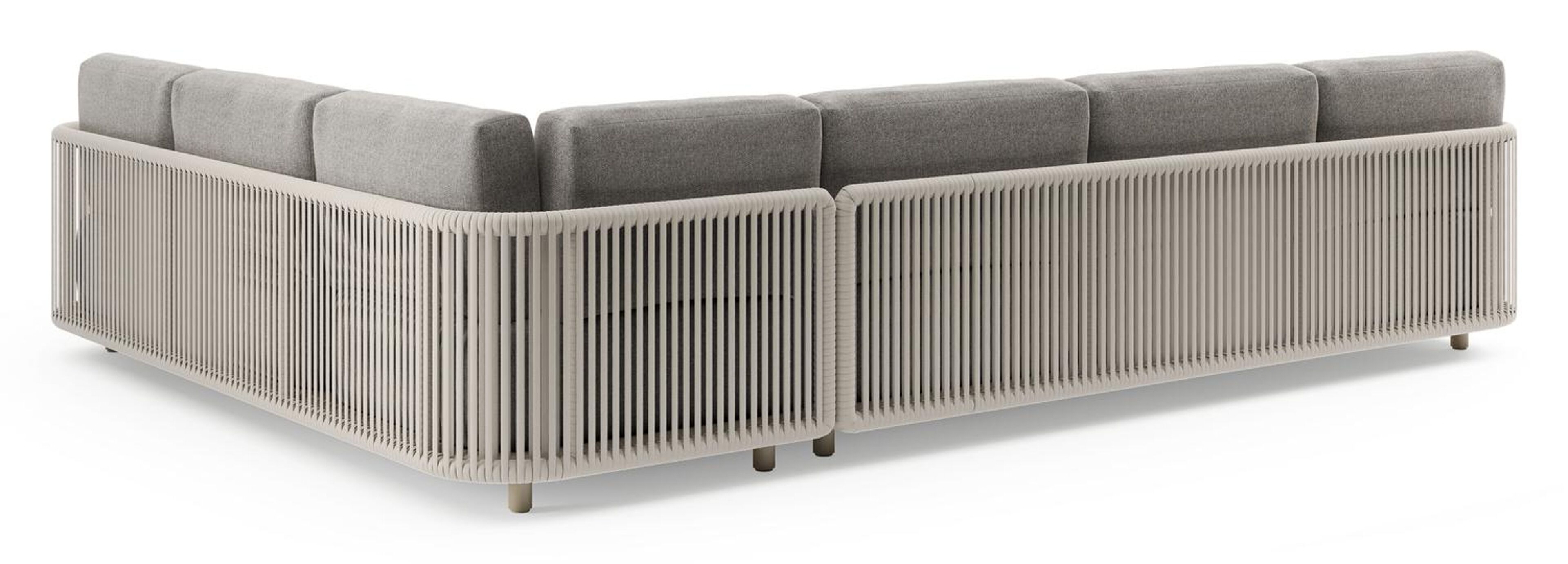 Organo loungehoek in beige aluminium en beige verticaal geweven luxe vlakke rope met chartres drizzle all weather Sunbrella® luxe kussen
