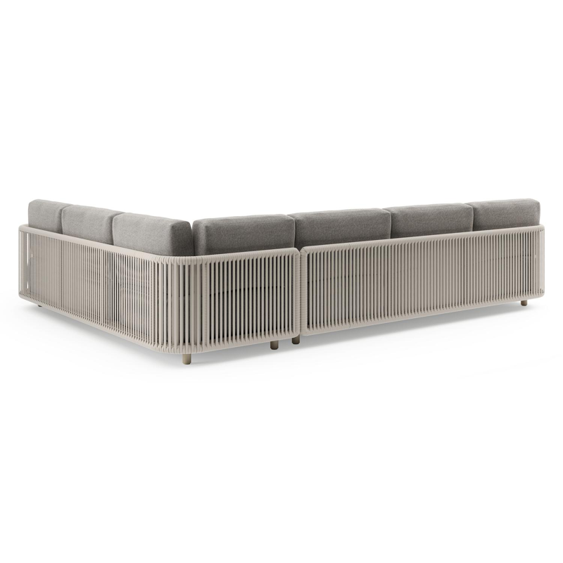 Salon de jardin d'angle Organo en aluminium beige et corde luxe plate tissée verticalement beige et coussin en all weather Sunbrella® luxe chartres drizzle