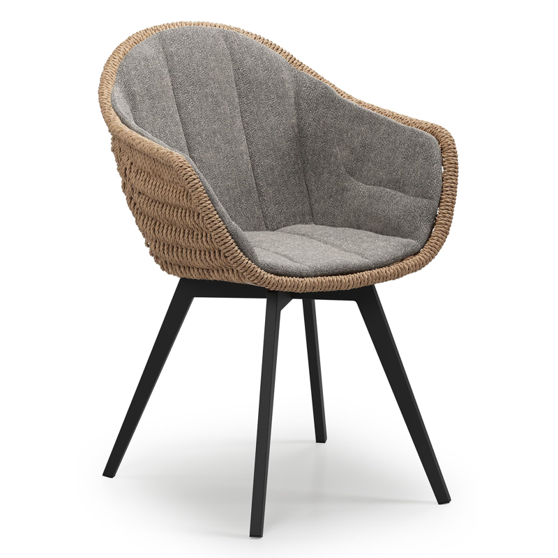 Pagino tuinstoel in zwart aluminium en naturel ronde wicker met zitkussen in All Weather Sunbrella® Luxe Chartres Drizzle